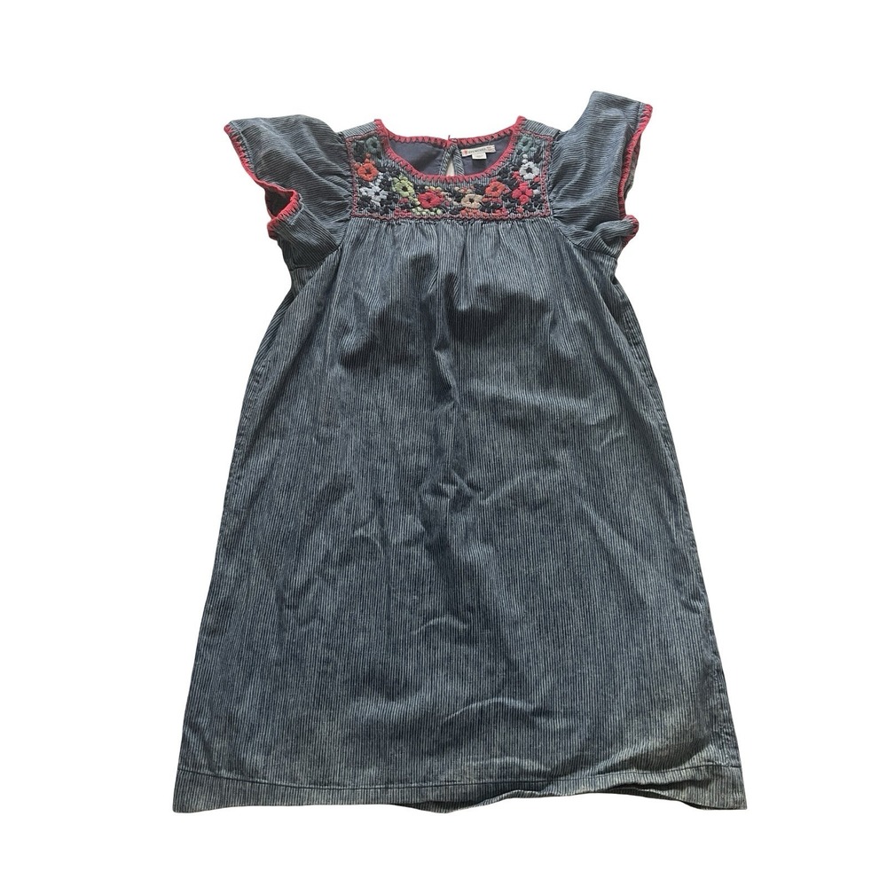 Crewcuts Girl's Size 10 Dress Festival Embroidered Stripe Blue Pink Flutter